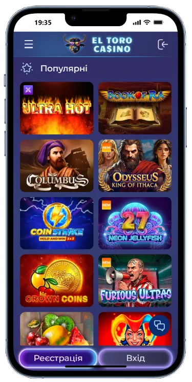 El Toro Casino — популярні ігрові автомати Розділ популярних ігор El Toro Casino на мобільному з восьми слотами: Ultra Hot, Book of Ra, Columbus, Odysseus King of Ithaca, Coin Strike, Neon Jellyfish 27, Crown Coins та Furious Ultras